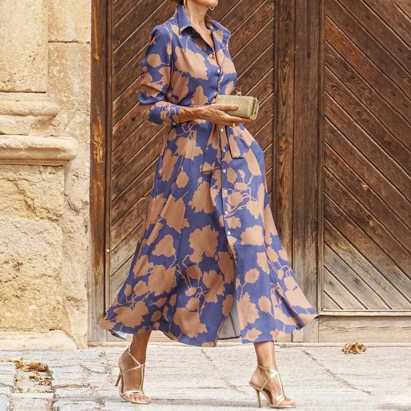Robe midi fleurie chic chemise pour mariage invité bohème à manches longues, idéale pour l'été