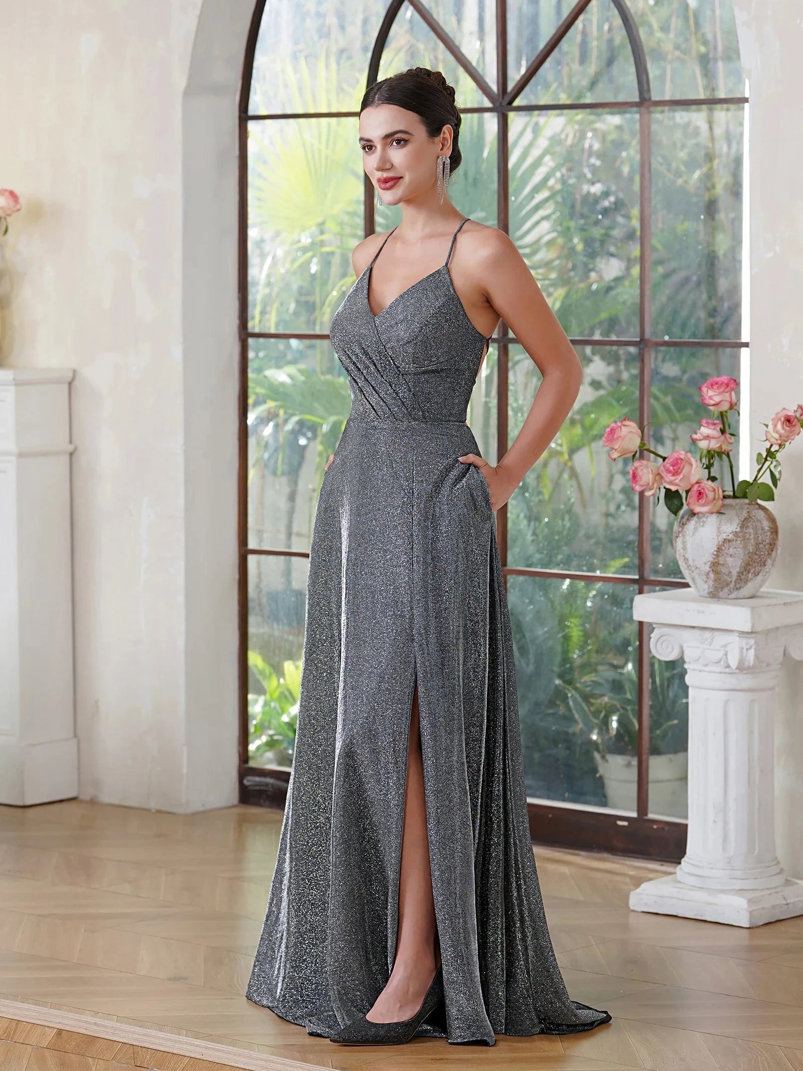 robe de soirée sexy dos nu longue fendue chic pour mariage invitée gala ou nouvel an élégante femme