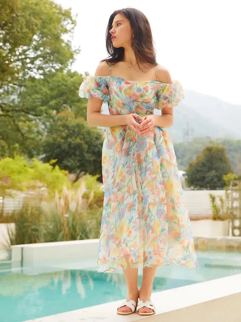 Robe dos nu été champêtre fleuri longue pour mariage invité manches courtes élégante et colorée