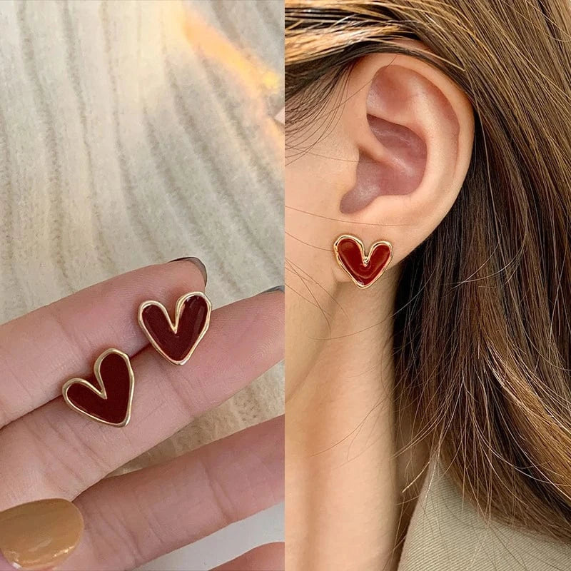 boucles d’oreilles bordeaux élégantes pour soirée chic, en forme de cœur, accessoires femme