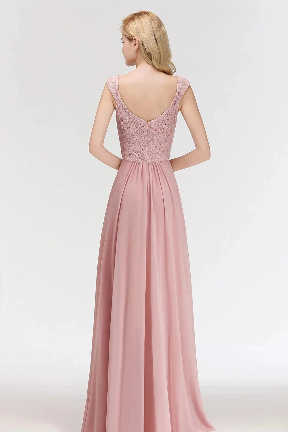 robe demoiselle d'honneur chic longue rose poudré trapèze sans manches élégante pour mariage invité