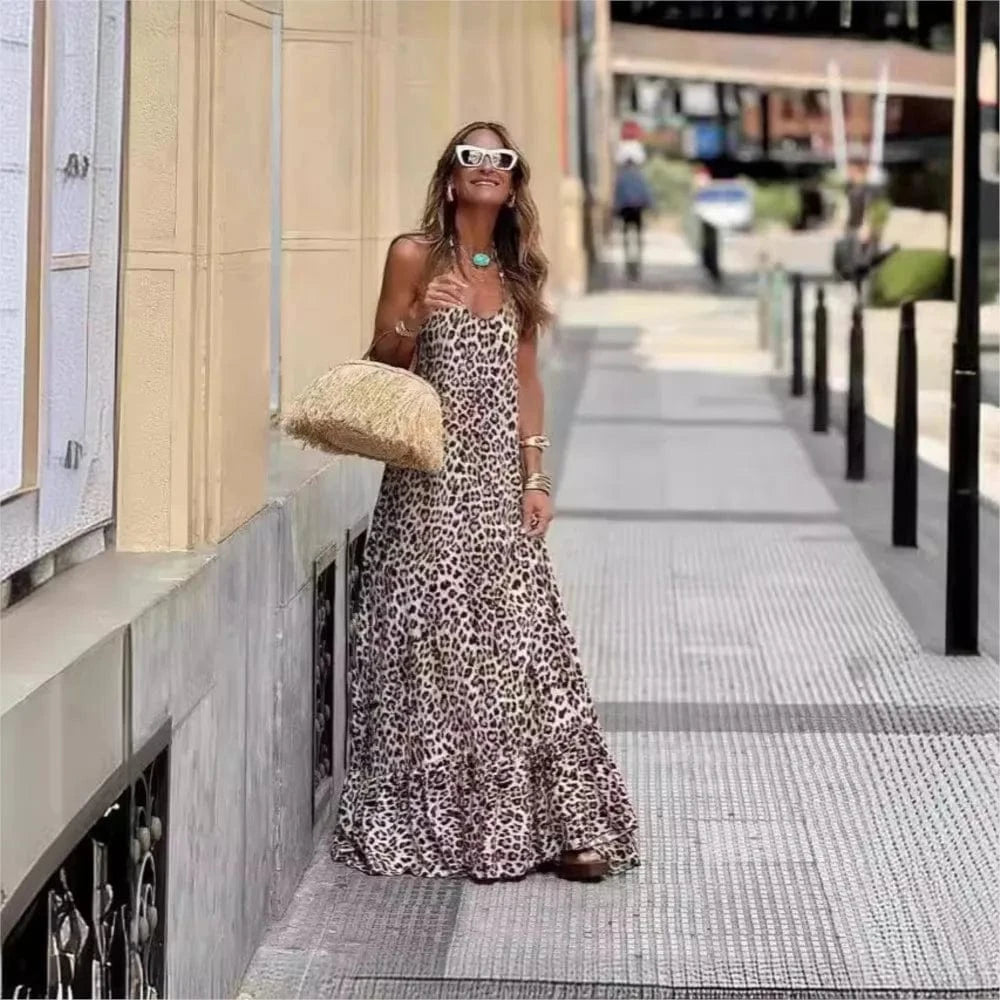 Robe été sexy léopard longue dos nu sans manches pour soirée chic, tendance et élégante