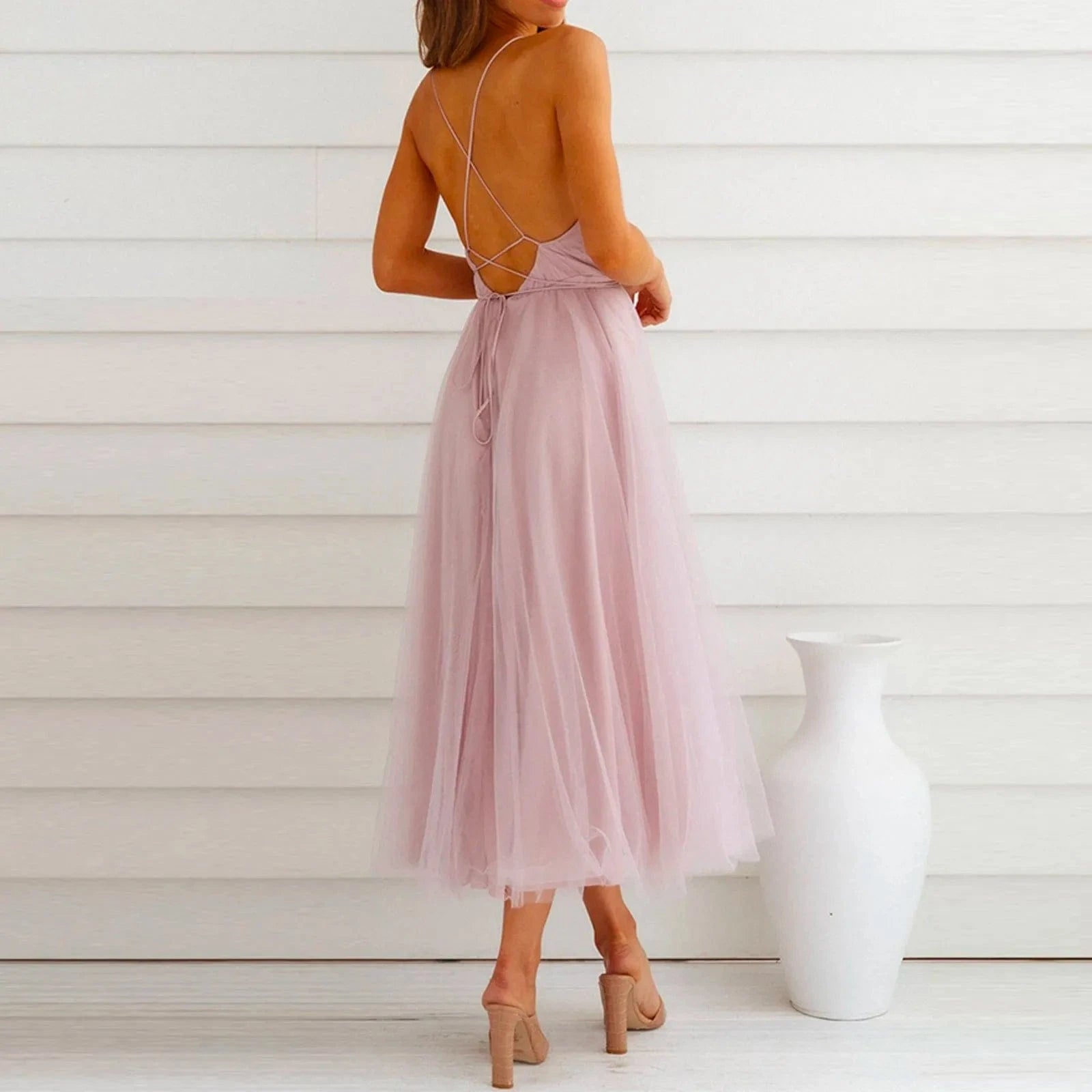 robe mariage invitée chic dos nu évasée longue fluide femme vert sauge sans manches été