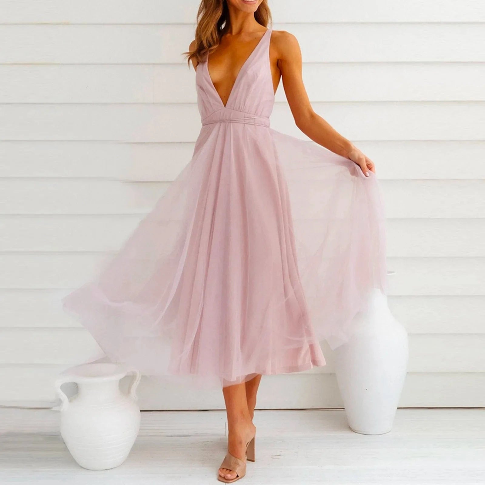 Robe été mariage chic longue évasée décolleté rose sans manches élégante pour demoiselle d'honneur