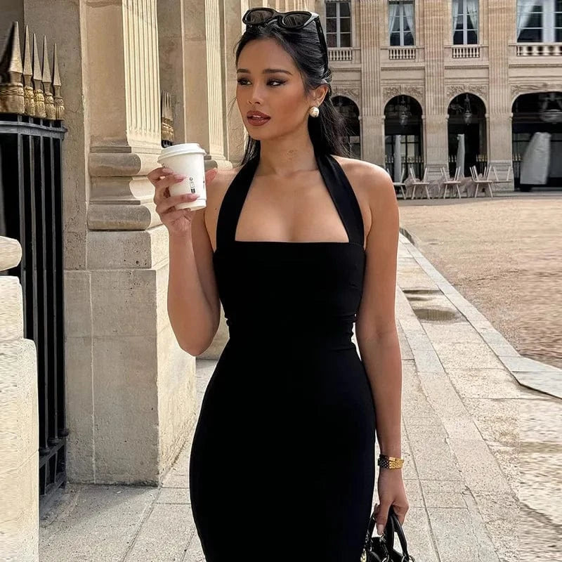 robe de soirée chic noire midi dos nu élégante idéale pour un événement glamour ou un mariage invité