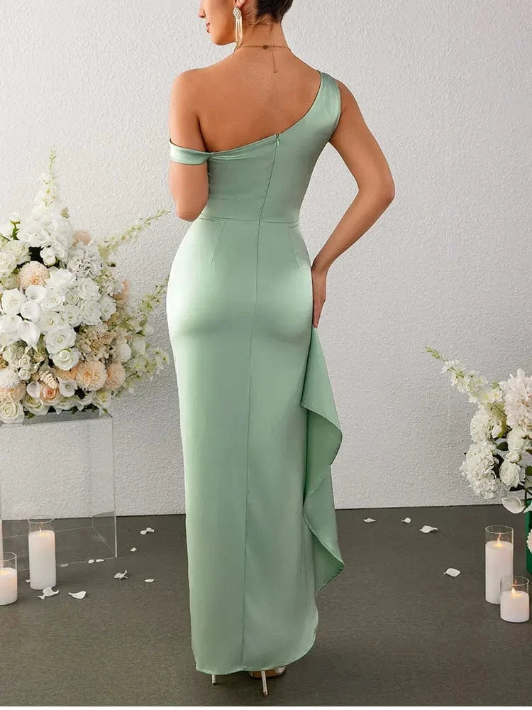 robe invitée mariage vert sauge longue chic fluide femme trapèze manches courtes élégante et tendance