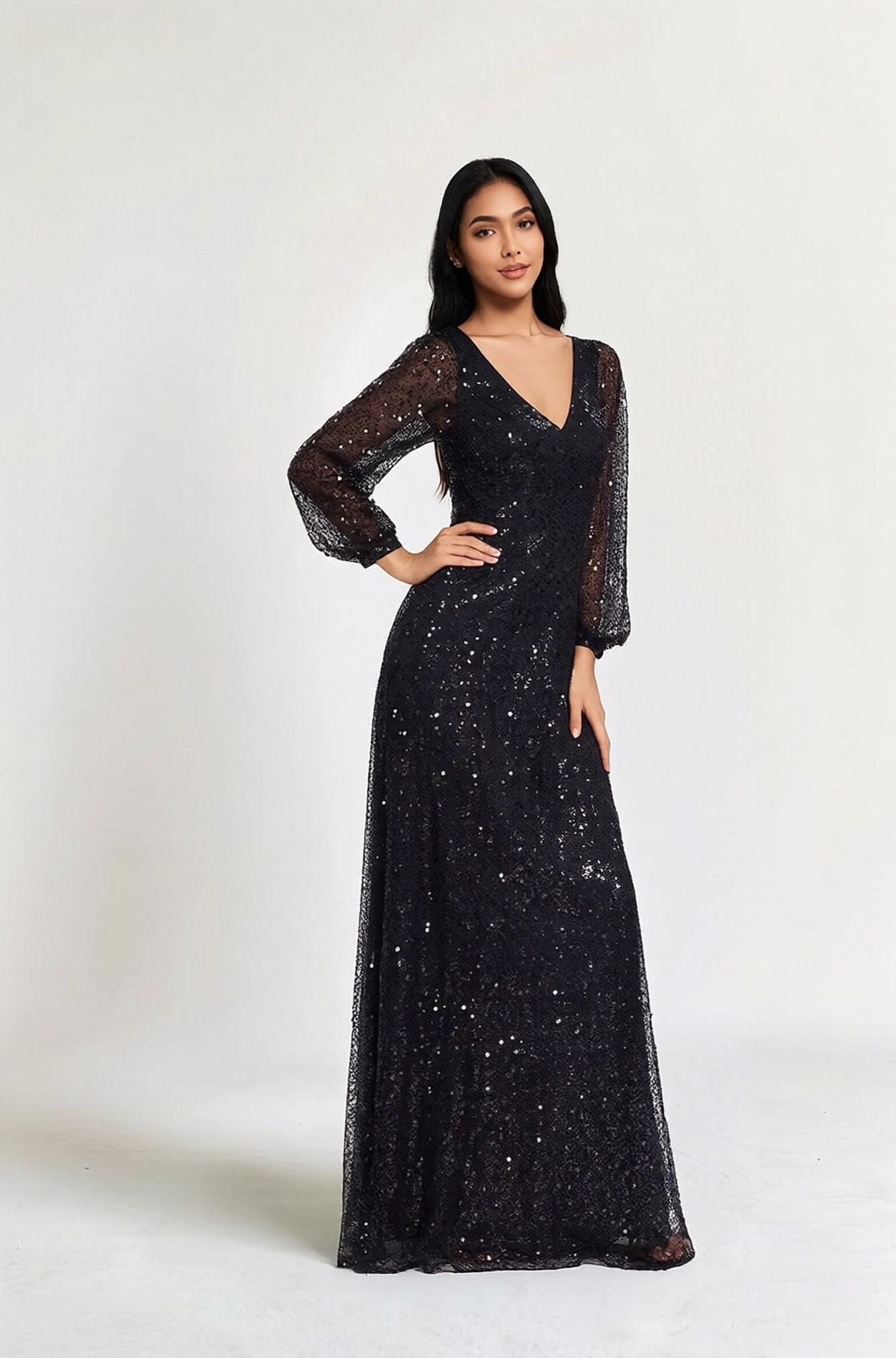 Robe à paillettes à manches longues noire