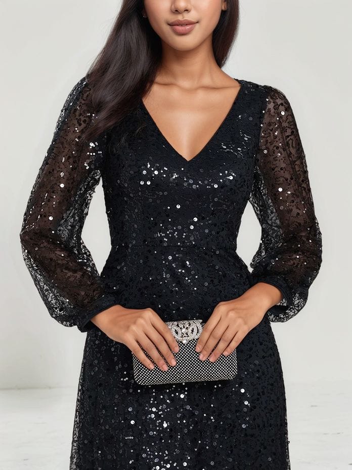 Robe à paillettes à manches longues noire