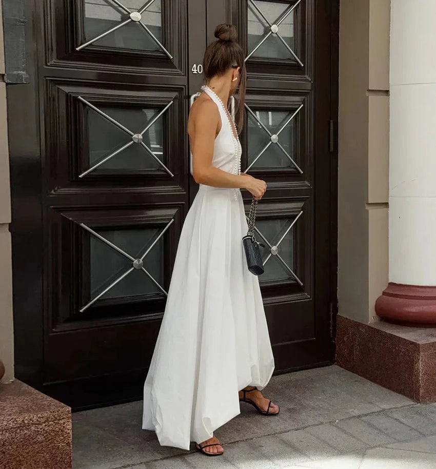 Robe asymétrique longue blanche sans manches