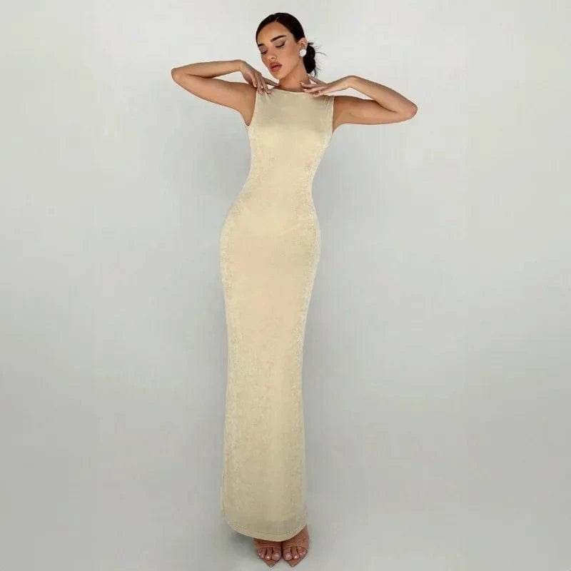 Robe beige moulante longue dos nu