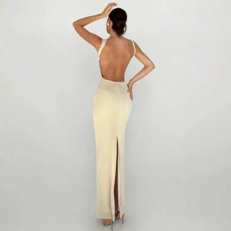 Robe beige moulante longue dos nu