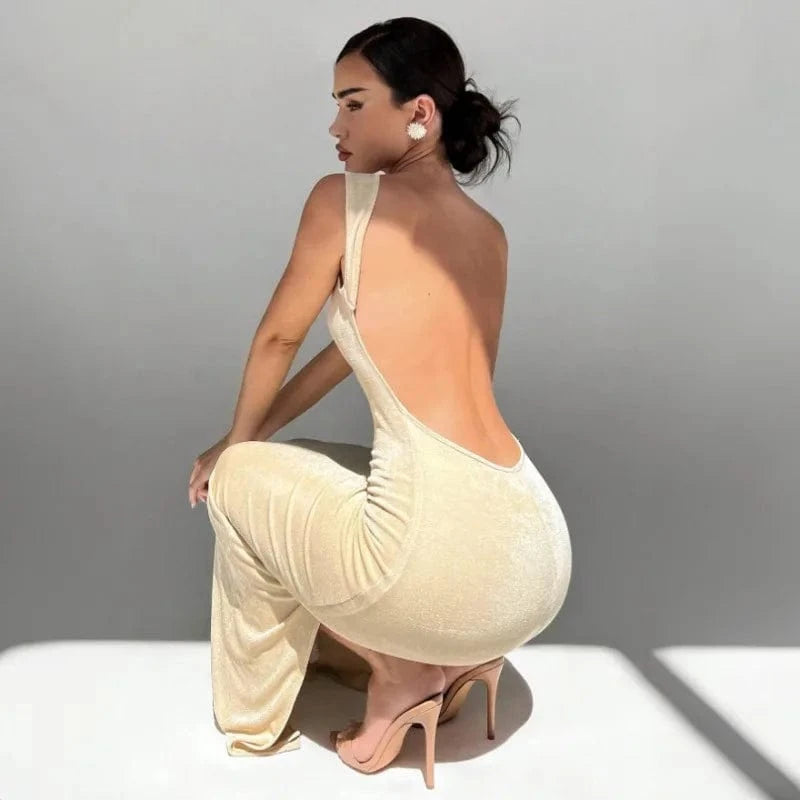 Robe beige moulante longue dos nu