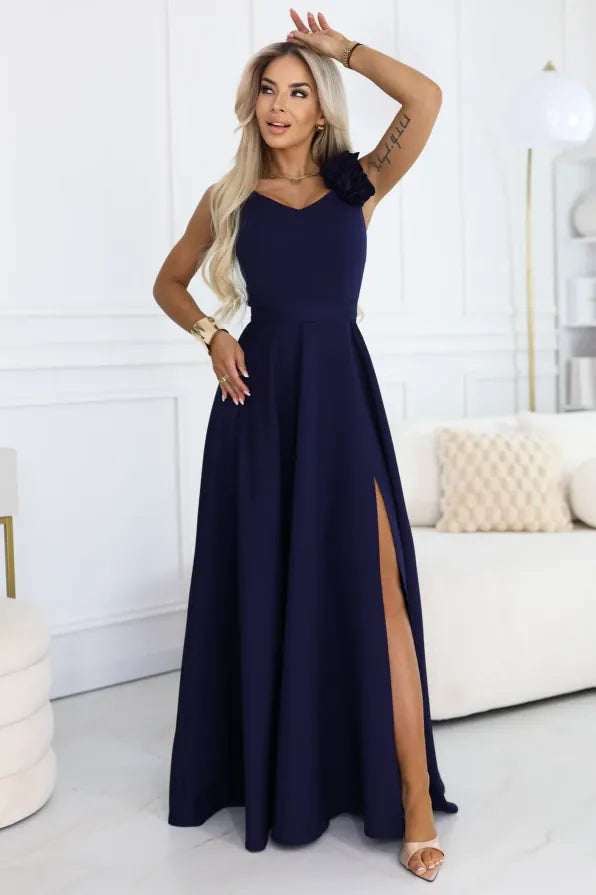 Robe bleu marine longue fendue élégante