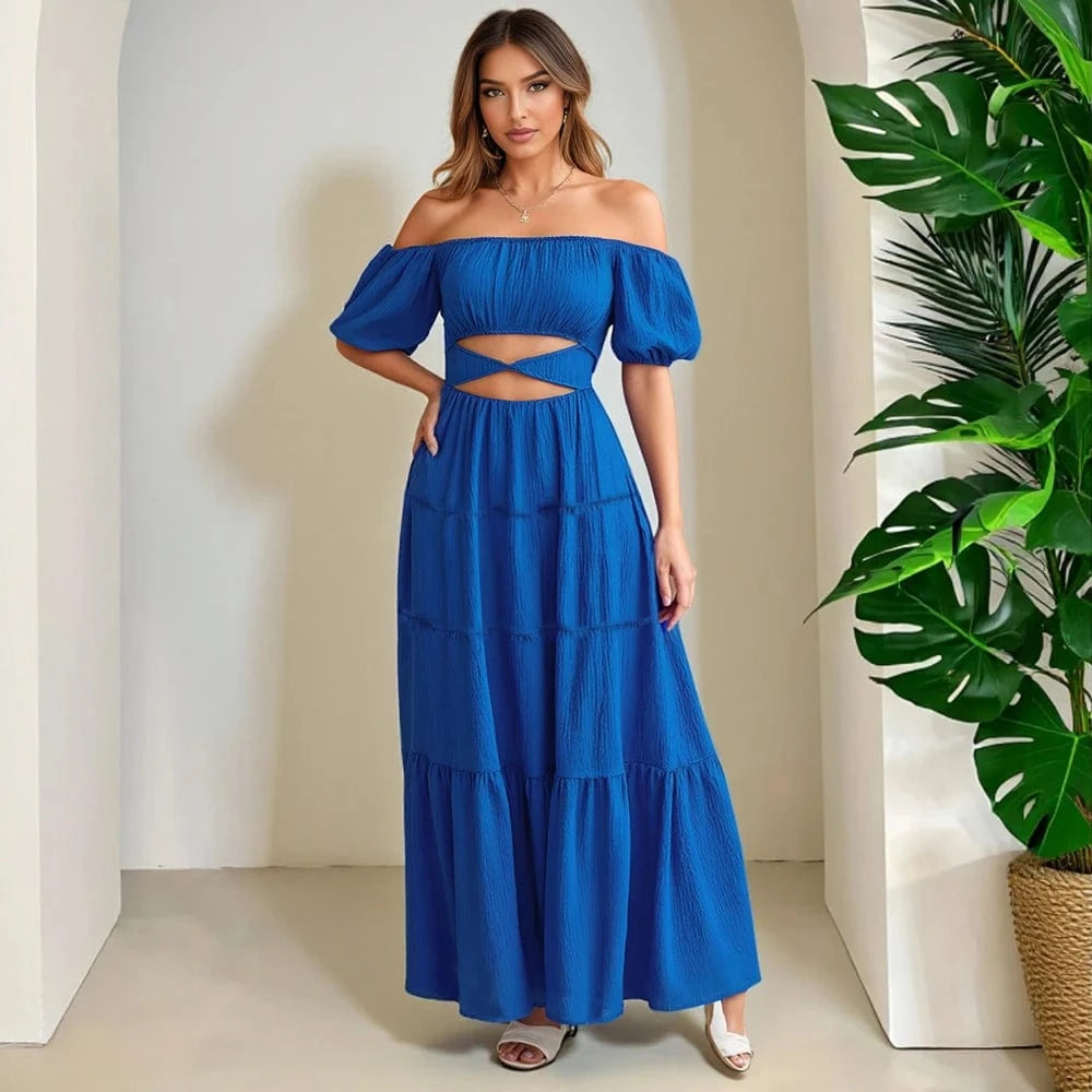 Robe bohème bleue épaules dénudées