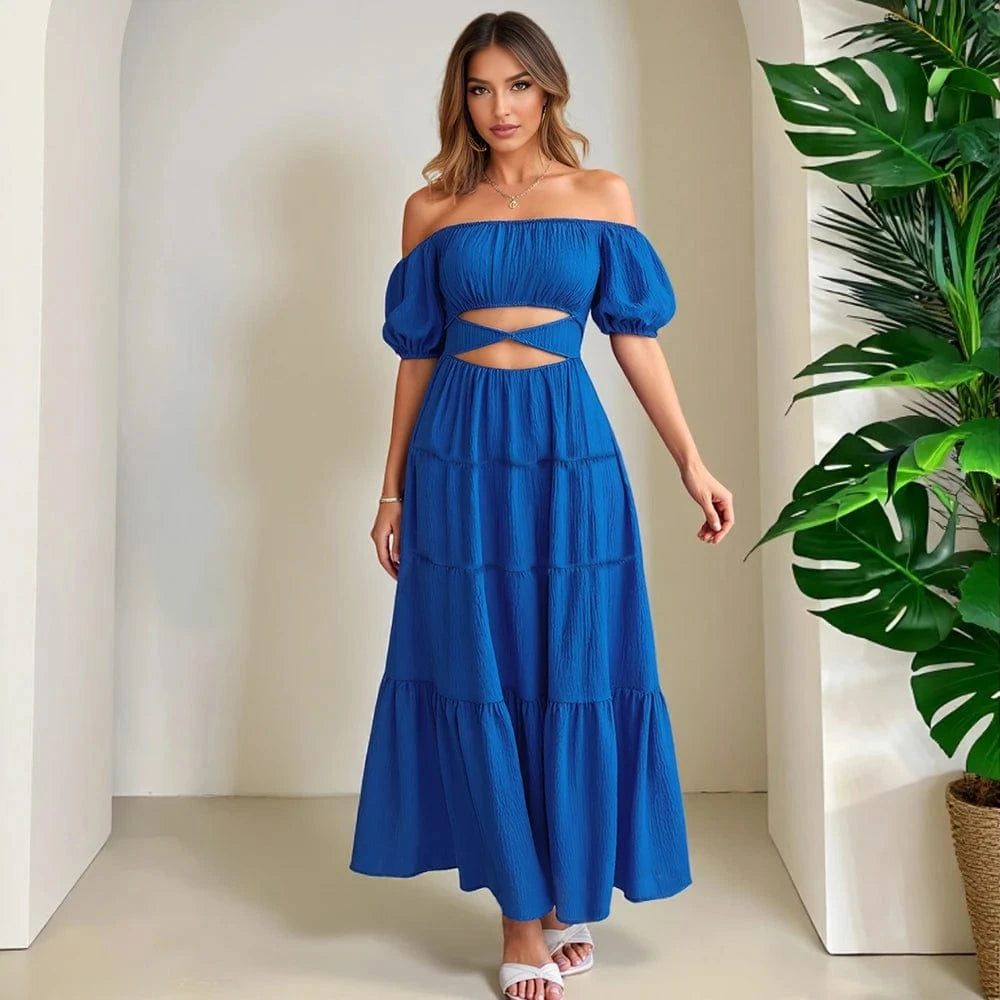 Robe bohème bleue épaules dénudées