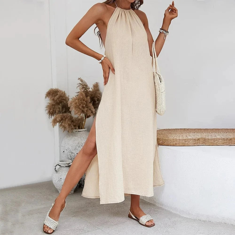 Robe bohème dos nu beige fendue