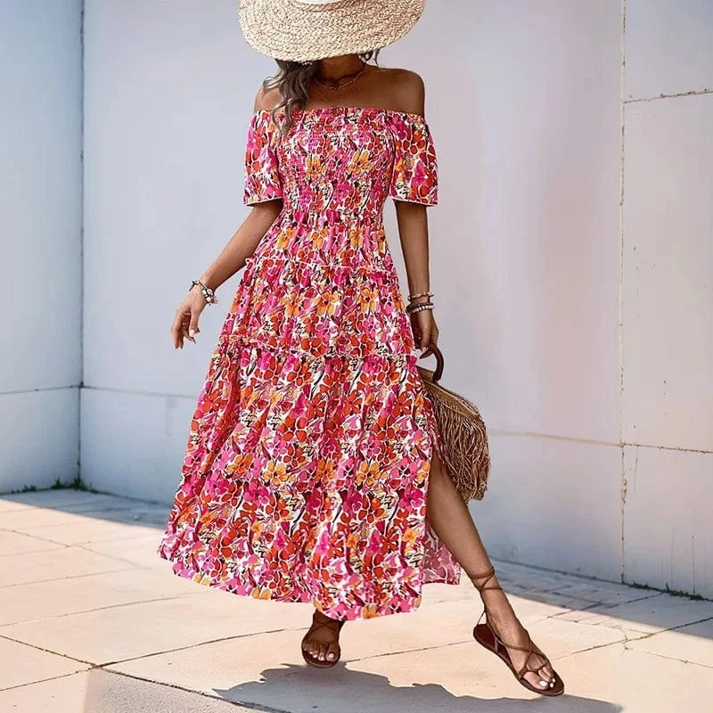 Robe florale sexy fendue épaules dénudées