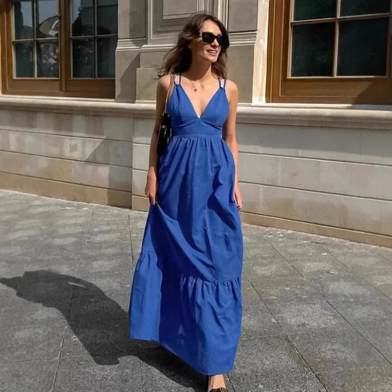 Robe bohème longue bleue col en V