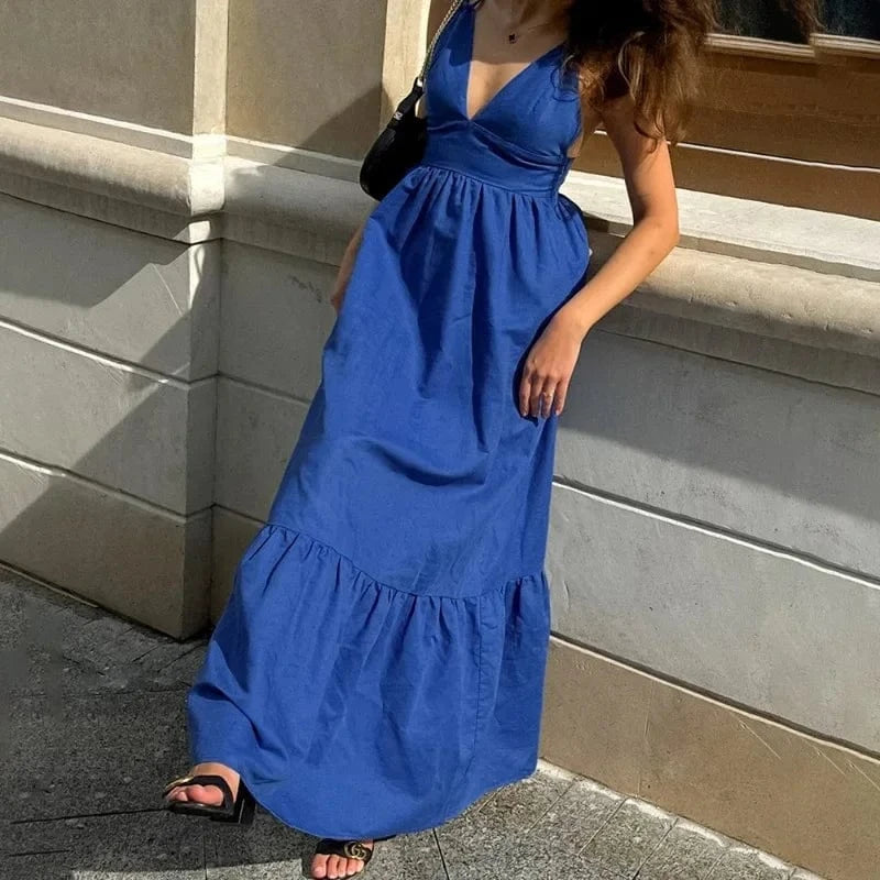 Robe bohème longue bleue col en V