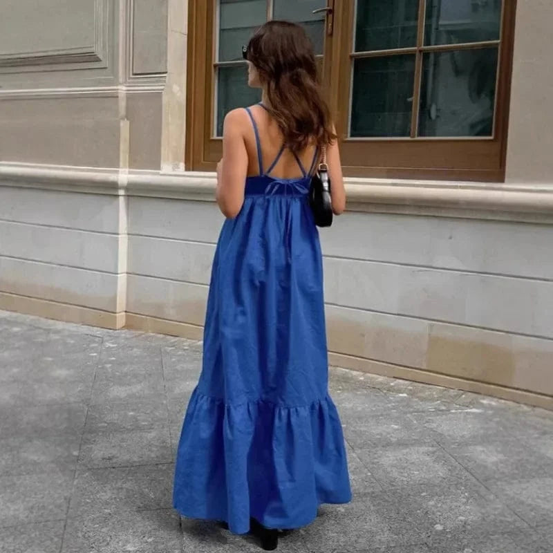 Robe bohème longue bleue col en V