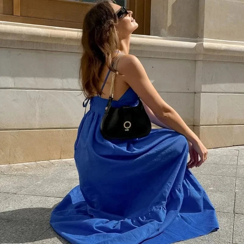 Robe bohème longue bleue col en V