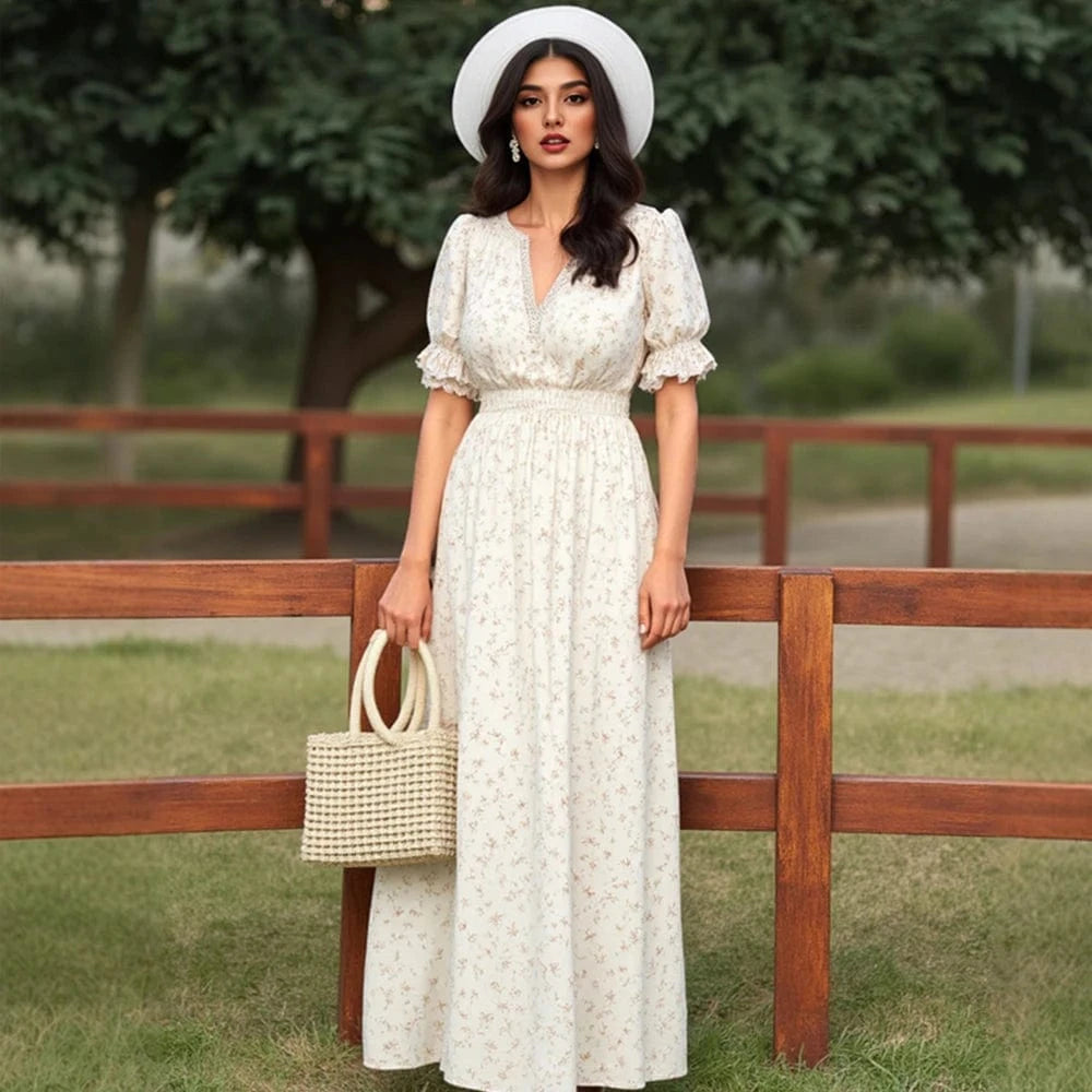 robe bohème longue fleurie pour mariage invité chic, style fluide et estivale, sans manches