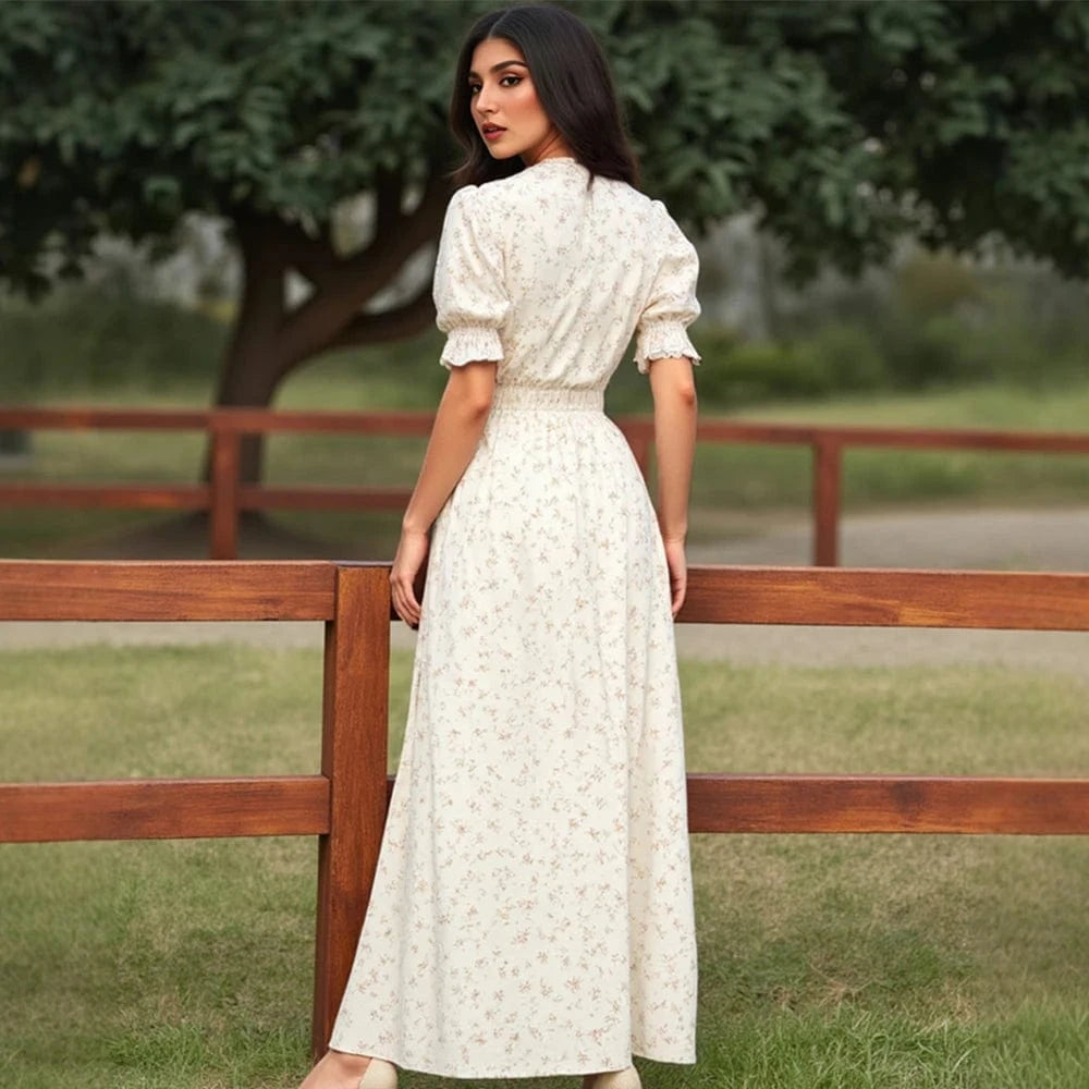 robe bohème longue fleurie idéale pour un mariage estival ou un cocktail champêtre en extérieur