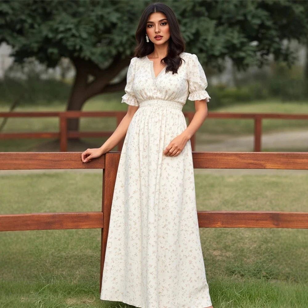 robe bohème longue fleurie idéale pour un mariage estival ou une cérémonie champêtre en plein air