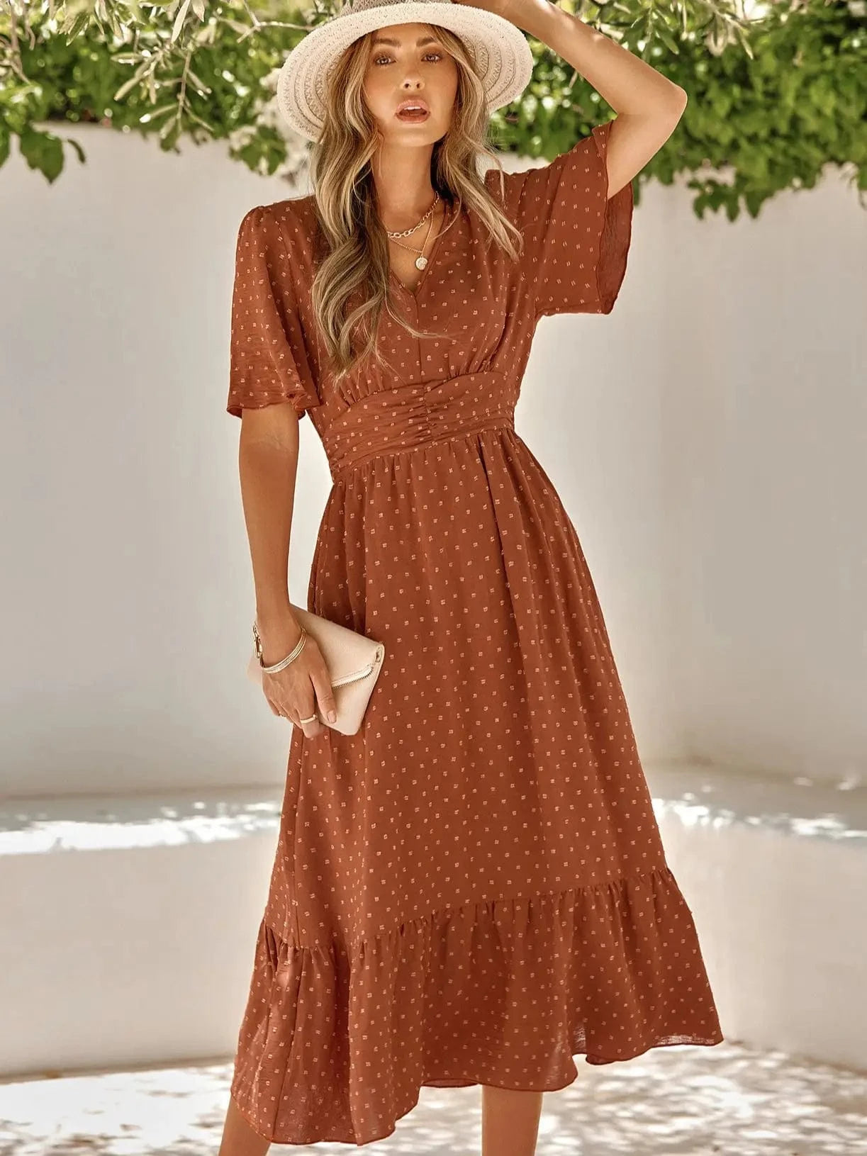 Robe bohème midi fluide manches courtes