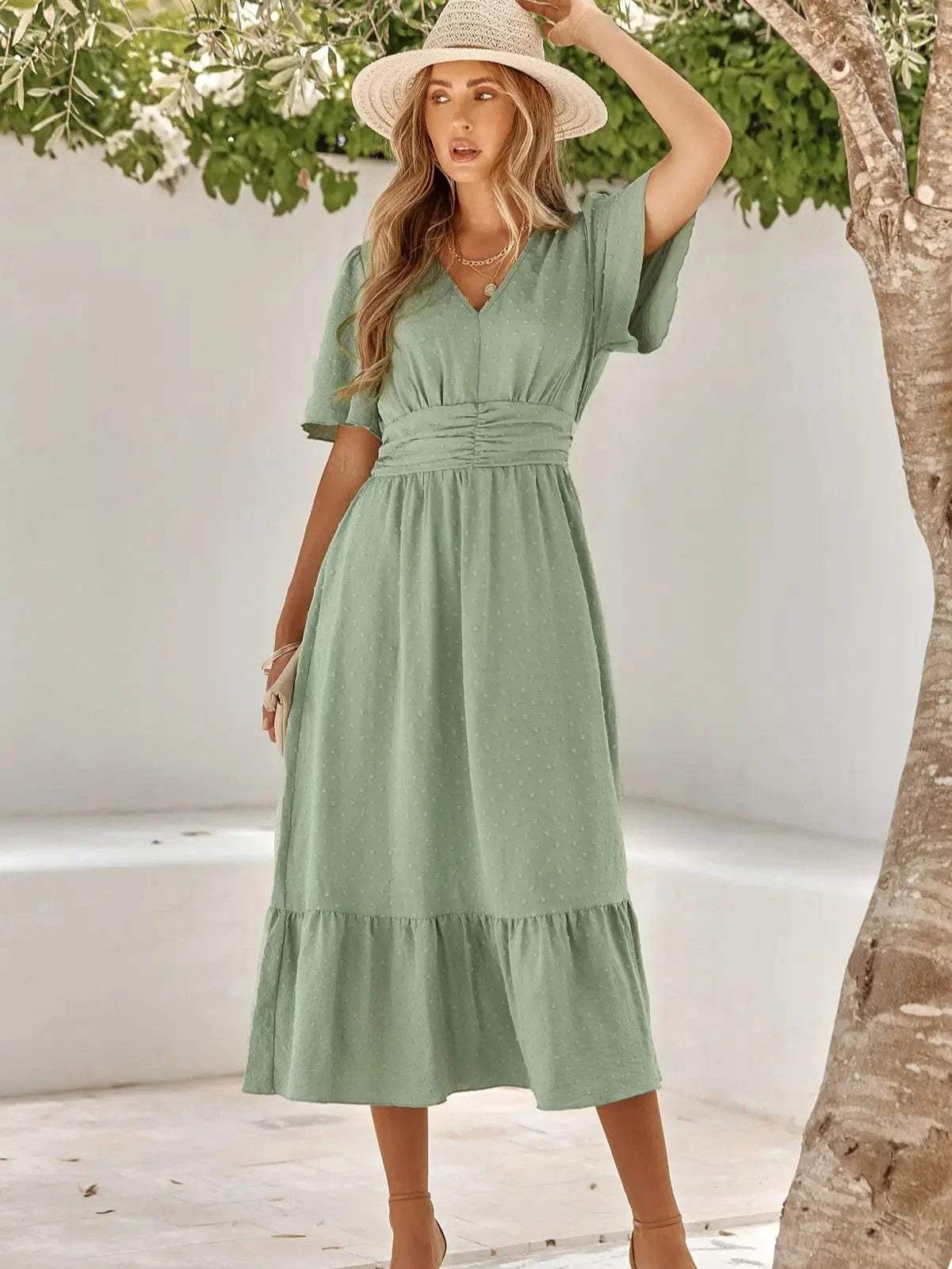 Robe bohème midi fluide manches courtes