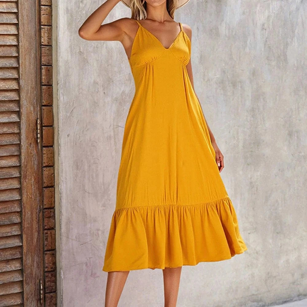 robe été bohème midi jaune fluide à bretelles fines idéale pour un look chic et décontracté
