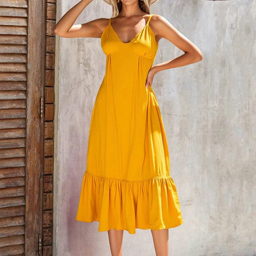 robe été bohème midi jaune à bretelles fines coupe trapèze légère parfaite pour la plage