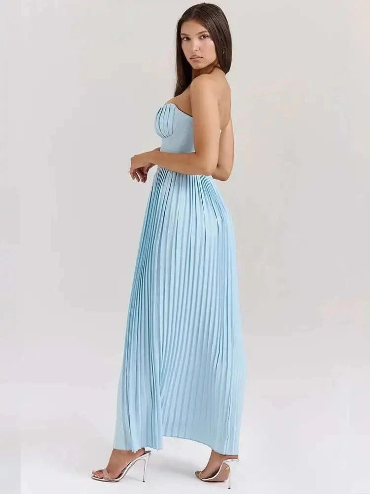 Robe bustier bleue plissée longue