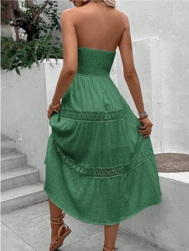 robe bustier bohème midi légère pour l’été, tenue idéale pour un look élégant et décontracté