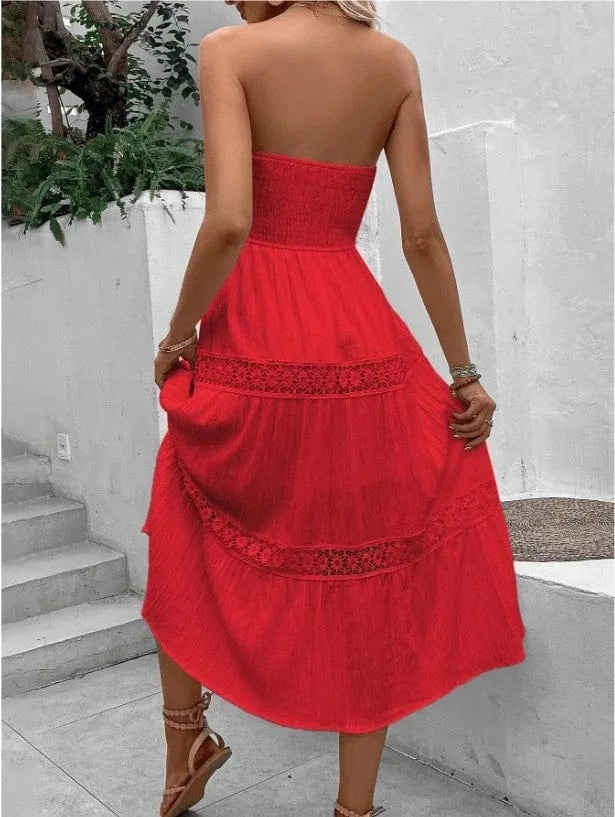 robe bustier bohème midi fluide pour été, coupe évasée légère idéale pour les journées ensoleillées