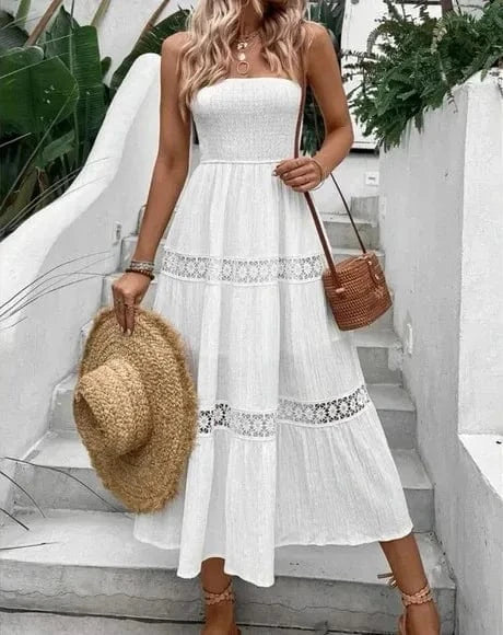 robe bustier bohème midi pour été en tissu léger, idéale pour les journées ensoleillées et décontractées