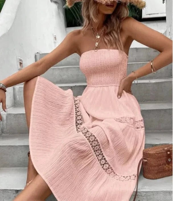 robe bustier bohème midi pour été en gaze de coton légère, idéale pour un look chic et décontracté