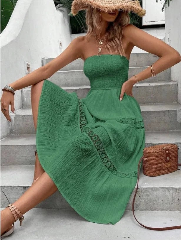 robe bustier bohème midi pour été en tissu léger, idéale pour un look décontracté et féminin