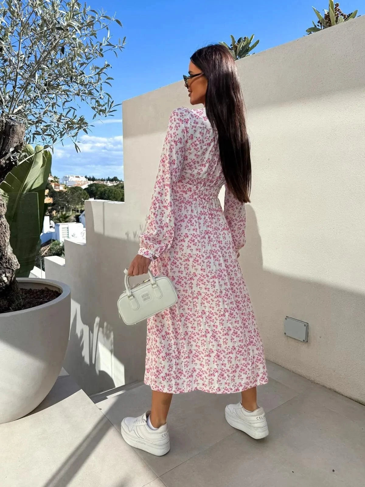 Robe casual fleurie rose manches longues