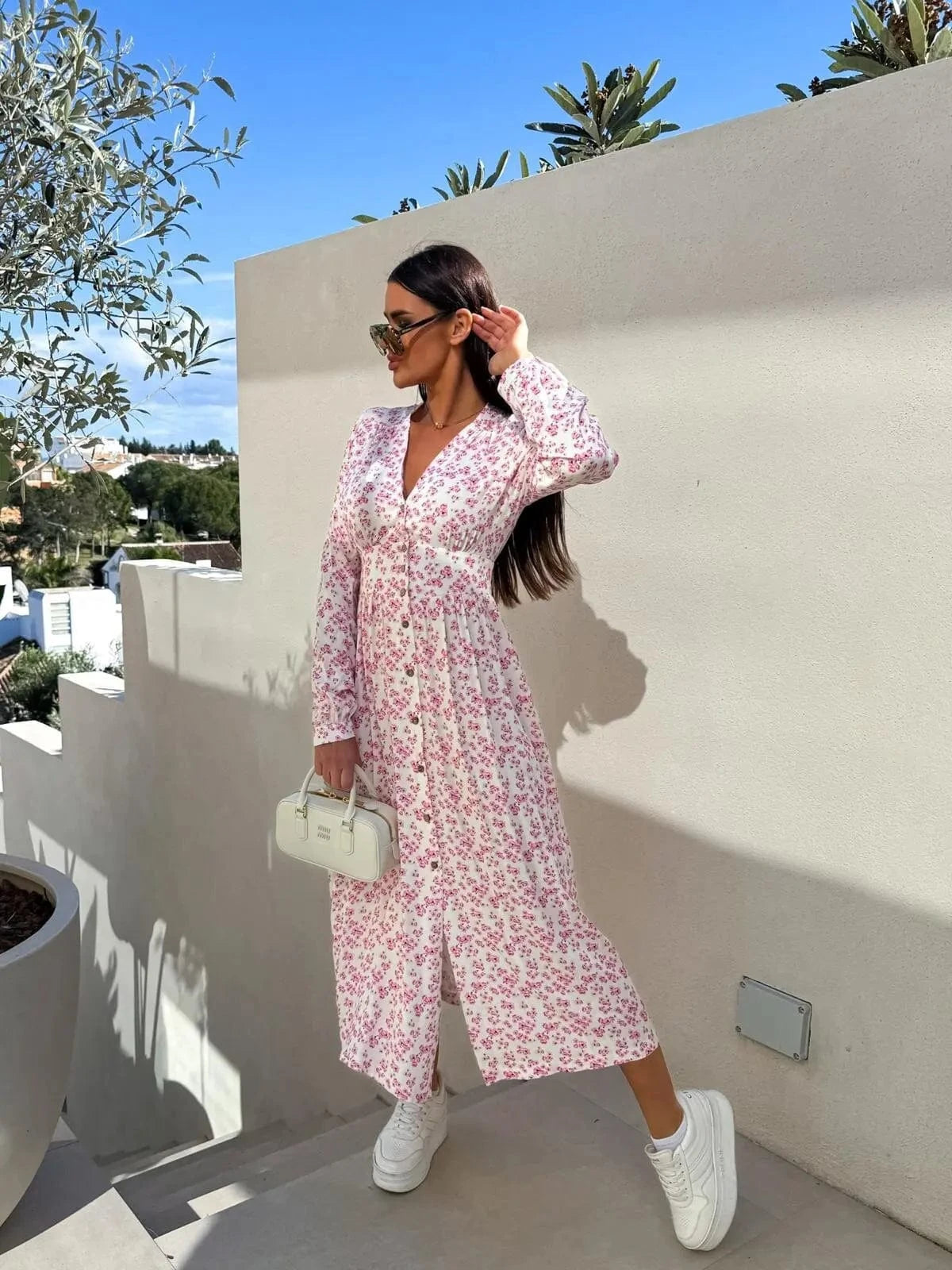 Robe casual fleurie rose manches longues