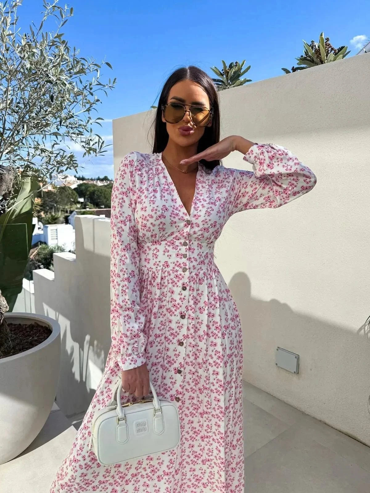 Robe casual fleurie rose manches longues