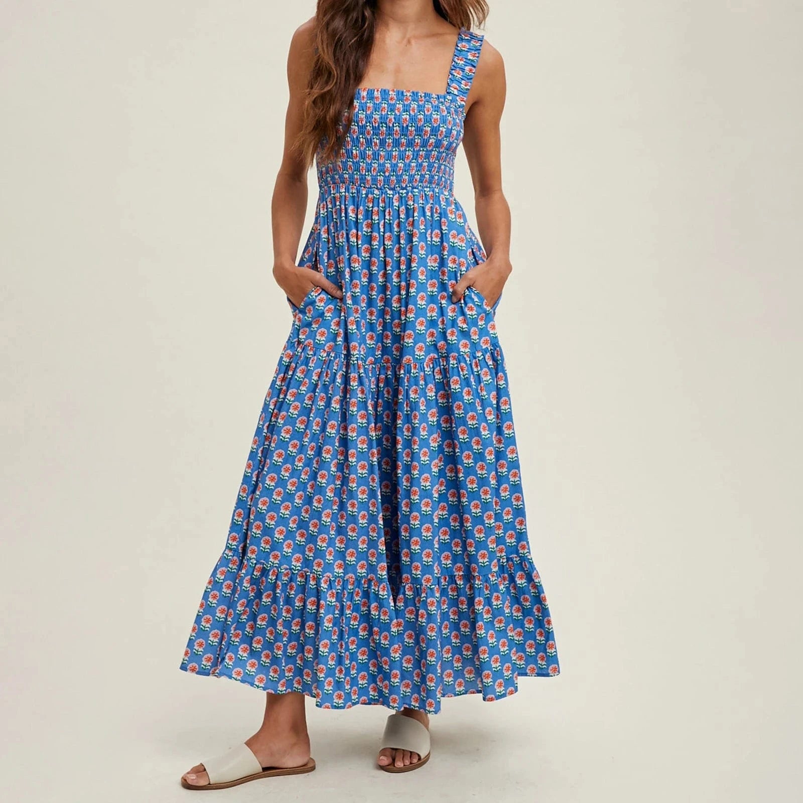 Robe champêtre longue col carré