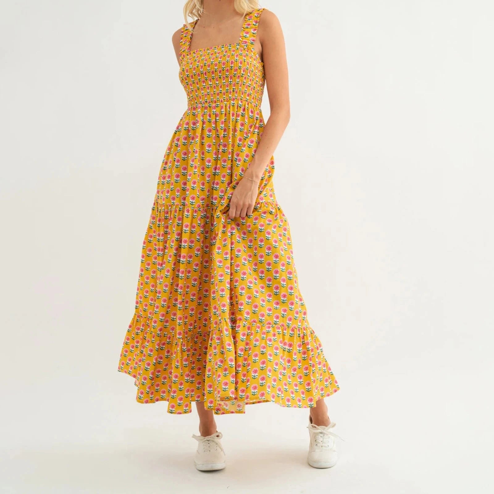 Robe champêtre longue col carré