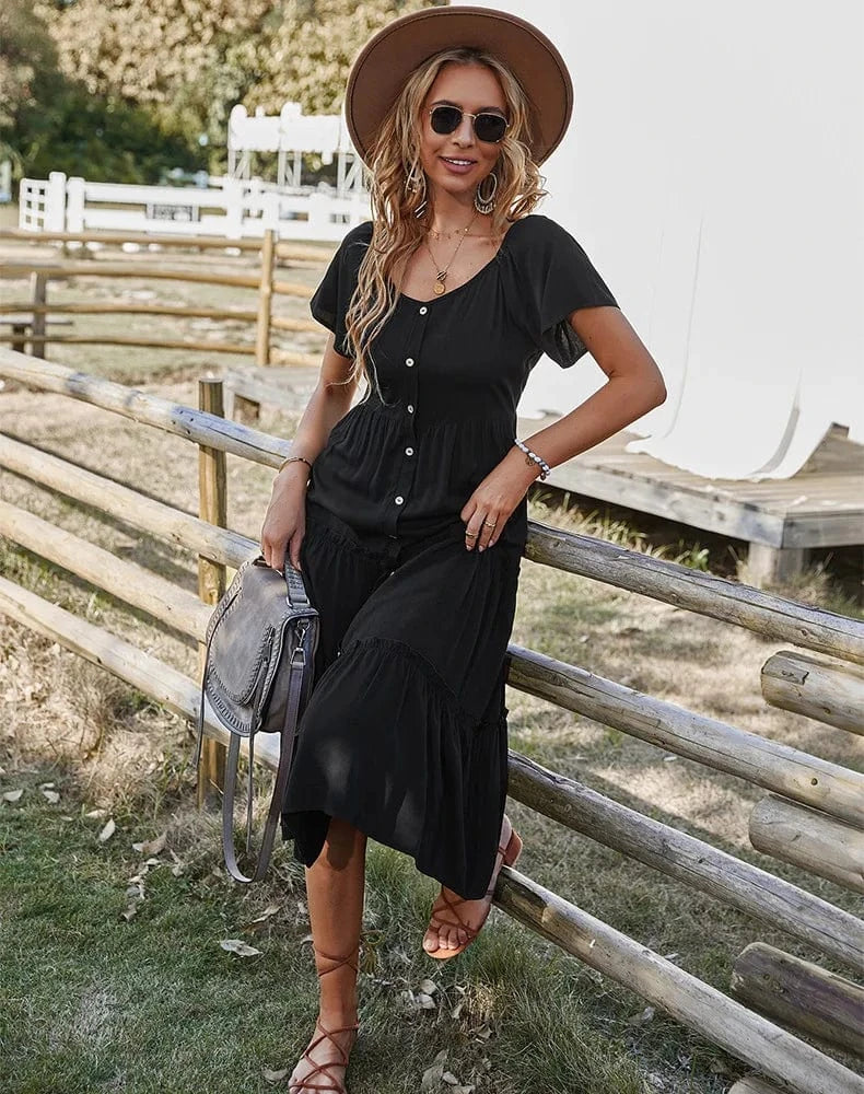 Robe champêtre midi manches courtes