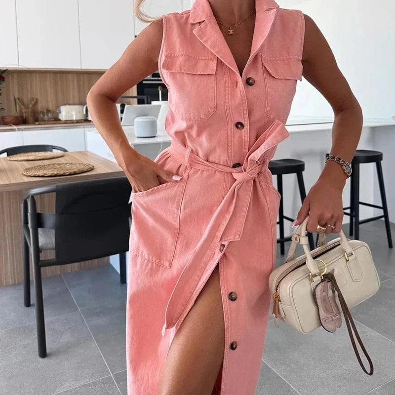 Robe chemise en jean longue sans manches