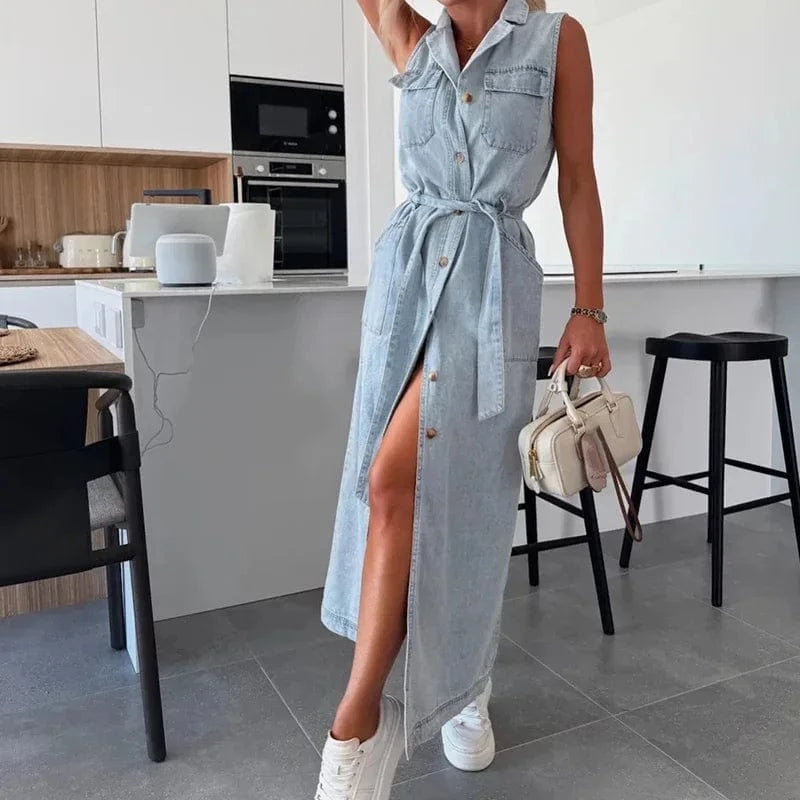 Robe chemise en jean longue sans manches