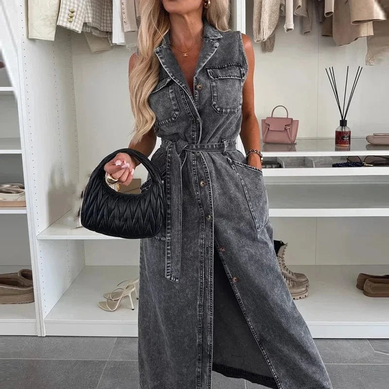 Robe chemise en jean longue sans manches