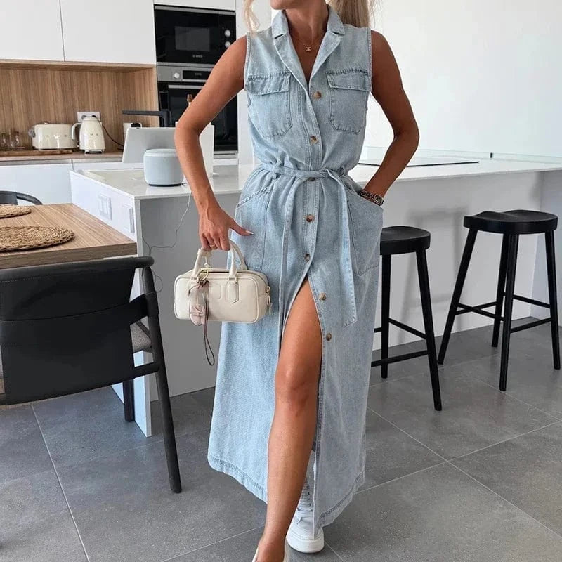 Robe chemise en jean longue sans manches