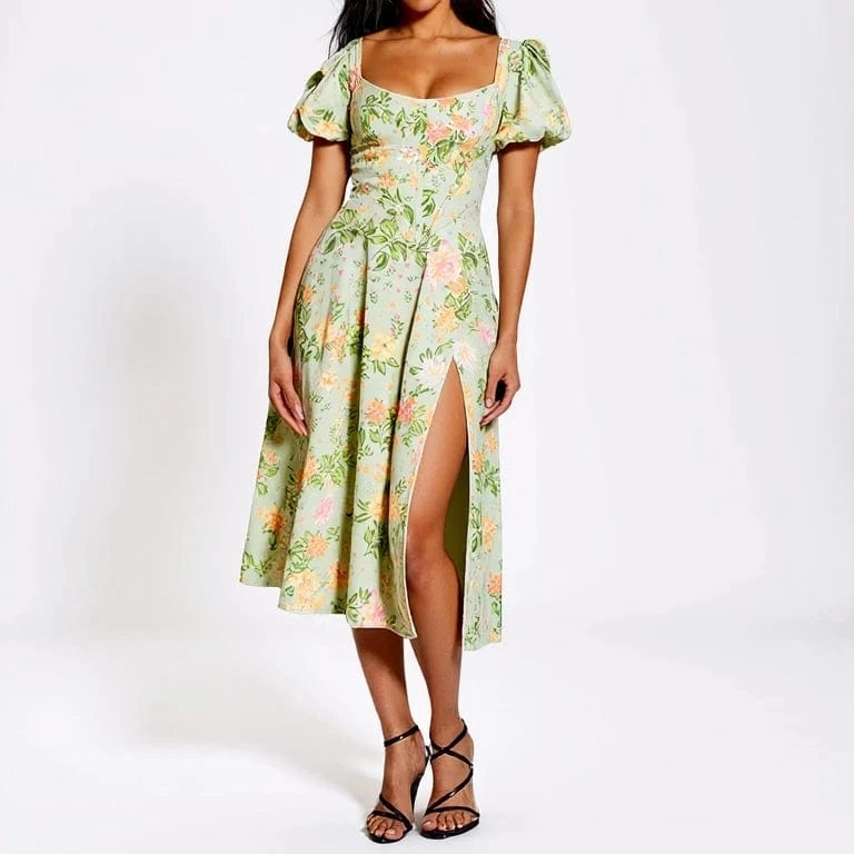 Robe corset fleurie fendue manches courtes