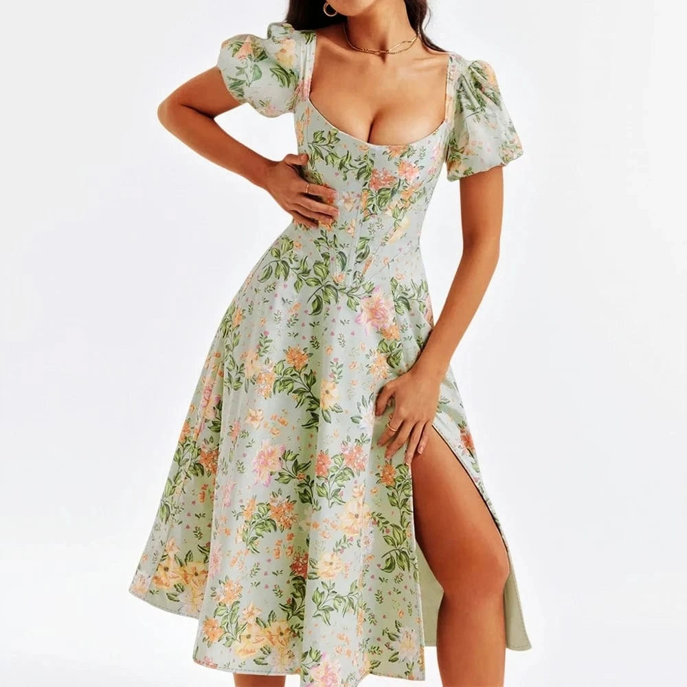 Robe corset fleurie fendue manches courtes